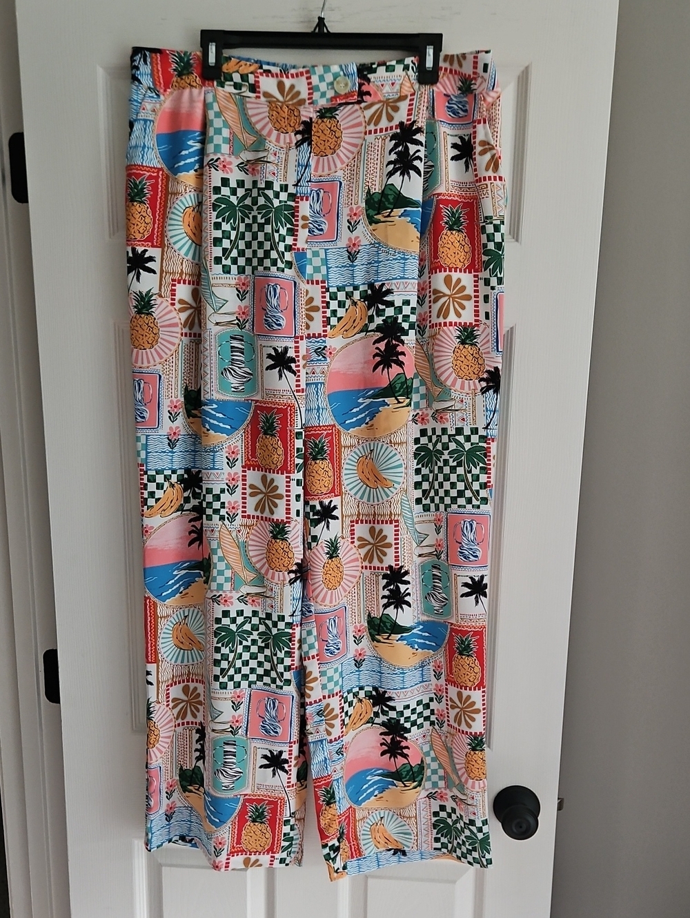 NWOT Skies Are Blue Wide Leg Button Front Tropical Postcard Print Pant: 3X